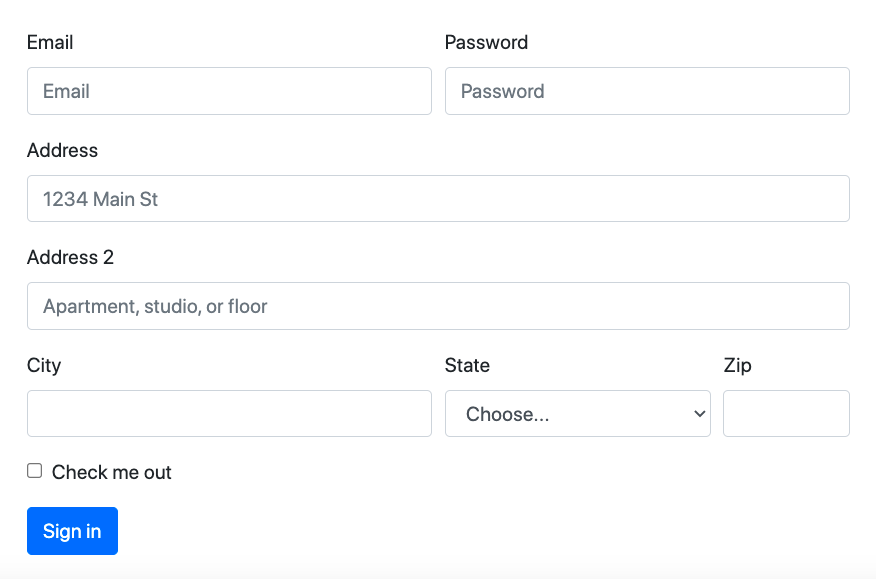 How To Create Web Forms In Bootstrap CSS Examples   Bootstrap Address Form Uses Grid Classes To Display Address And Address 2 Labels On Different Rows And City%2C State%2C And Zip On Single Horizontal Row 